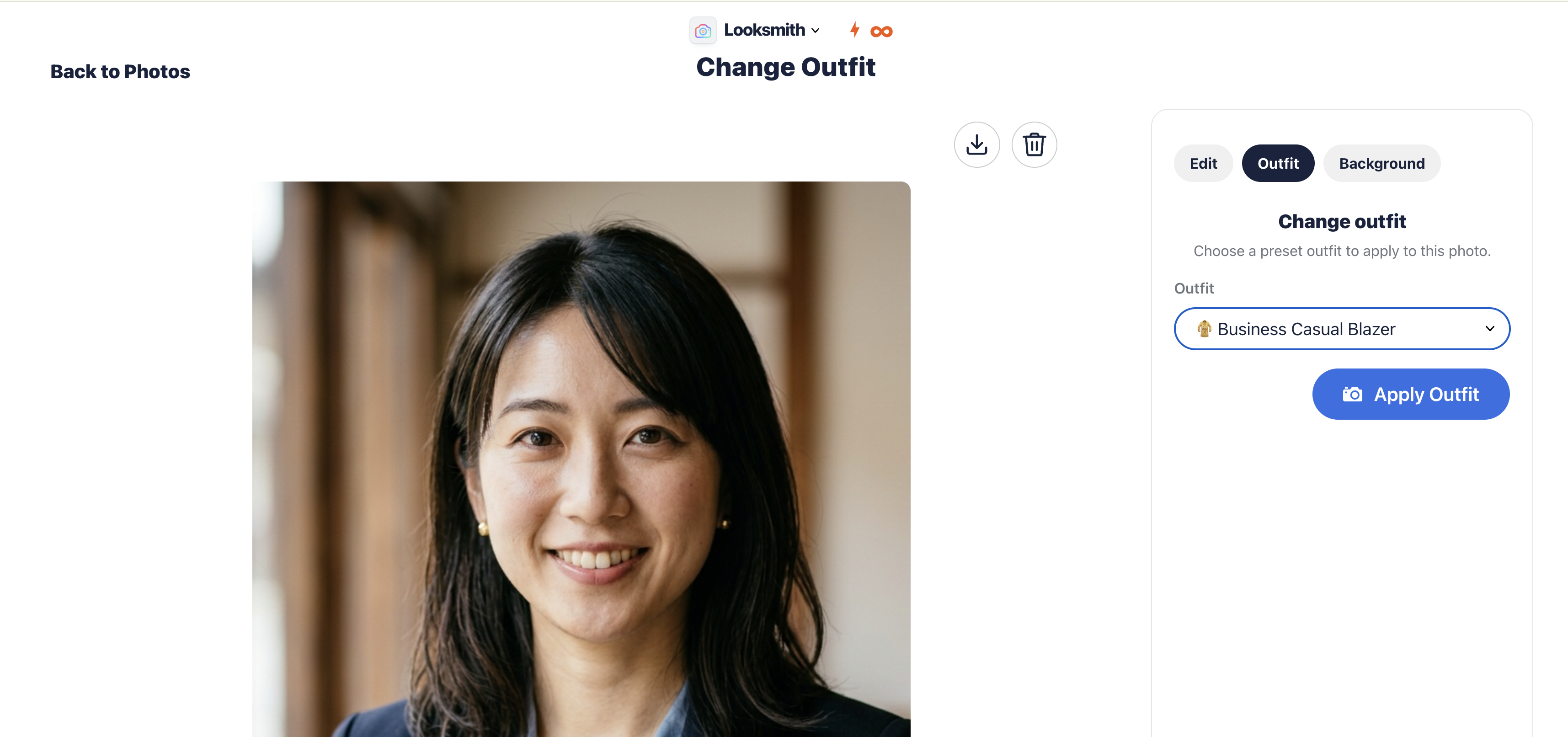 Looksmith workspace showing the outfit detail editor and related photo controls