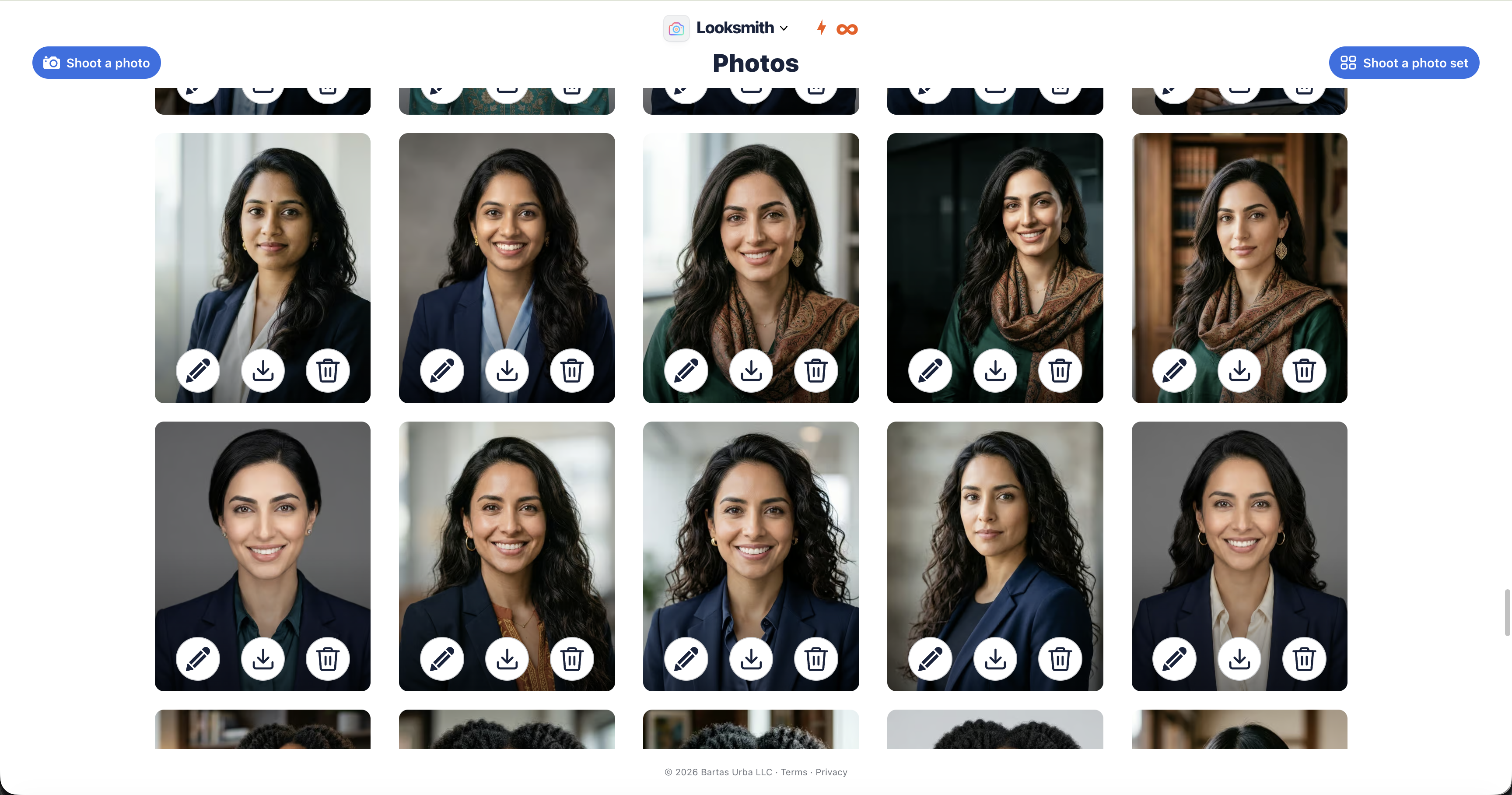 Looksmith workspace showing generated AI LinkedIn headshots and reusable model controls