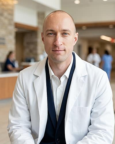 Premium Hospital Lobby · Medical Executive Suit with White Coat headshot example