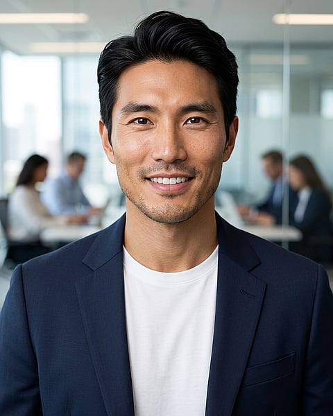 Office / Modern Office Workspace · Open navy blazer over simple white tee headshot example