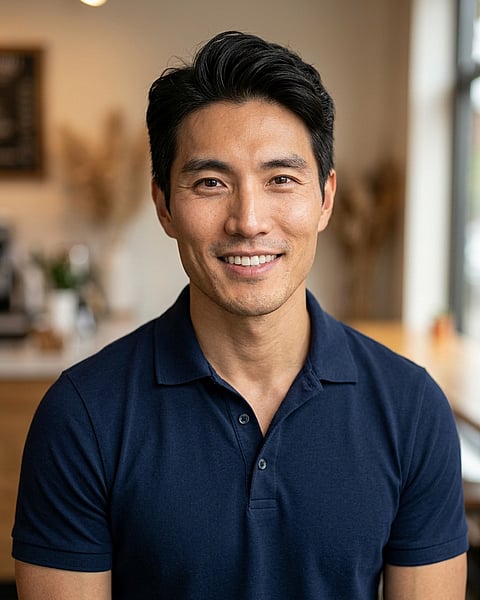 Cafe · Navy blue short-sleeve polo headshot example