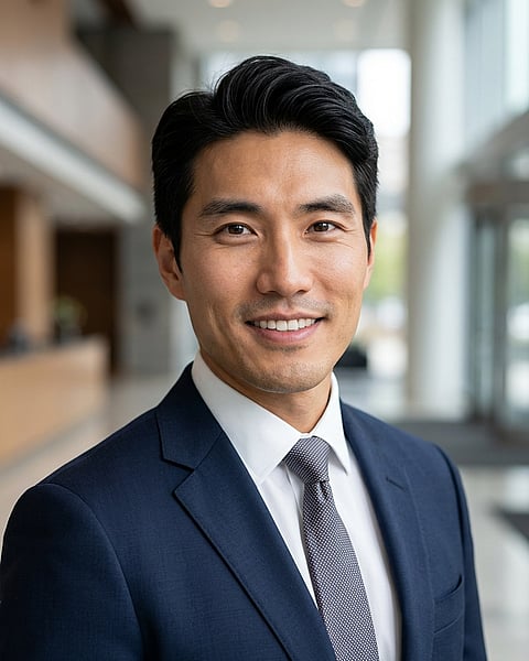 Lobby · Dark blue tailored suit headshot example