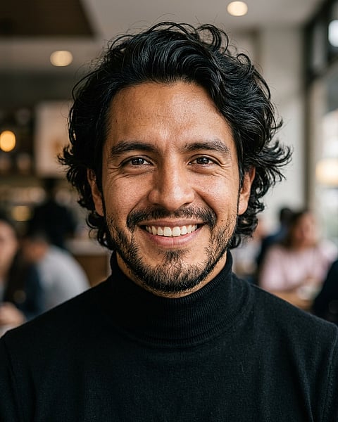 Cafe · Fitted black turtleneck headshot example