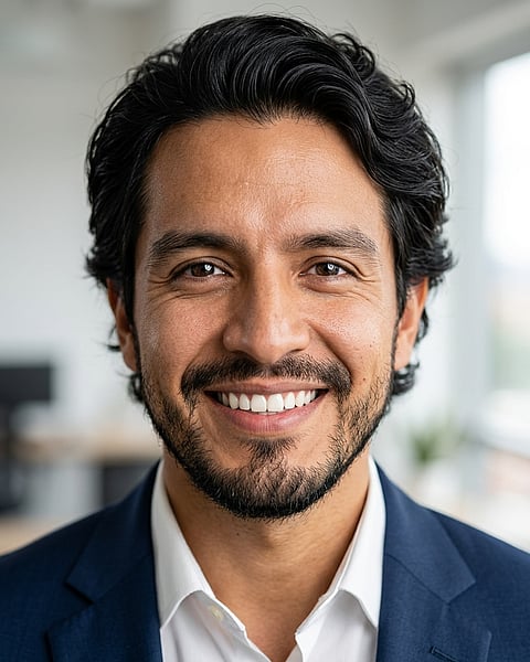Office / Modern Office Workspace · Navy tailored suit headshot example
