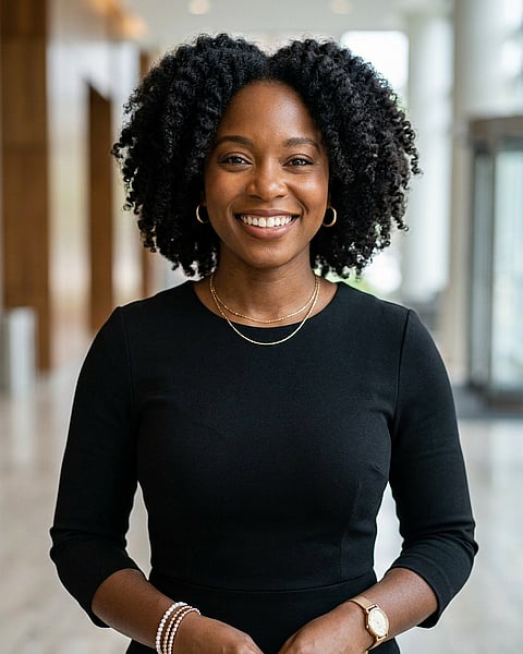 Lobby · Black midi fitted dress headshot example