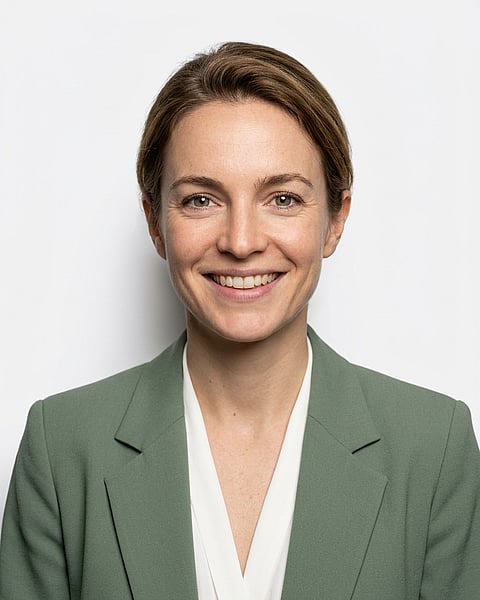 White / Pure White Studio · Sage green blazer with white blouse headshot example
