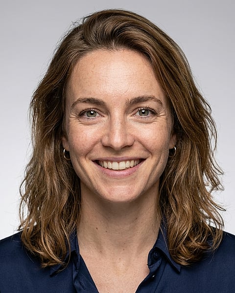 Neutral Gradient / Light Grey · Silk blouse trousers headshot example