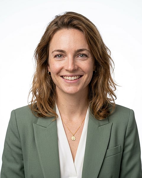 White / Pure White Studio · Sage green blazer with white blouse headshot example