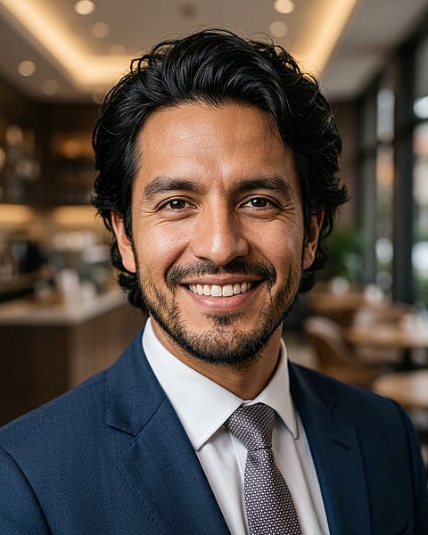 Cafe · Dark blue tailored suit headshot example