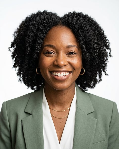 White / Pure White Studio · Sage green blazer with white blouse headshot example