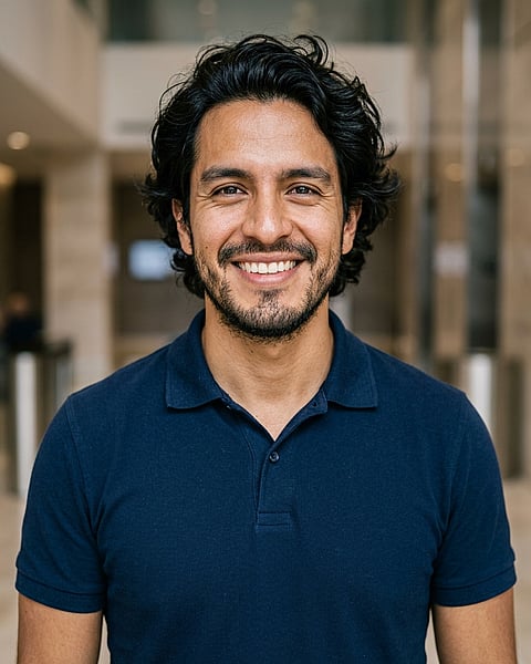 Lobby · Navy blue short-sleeve polo headshot example