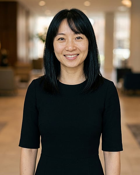 Lobby · Black midi fitted dress headshot example