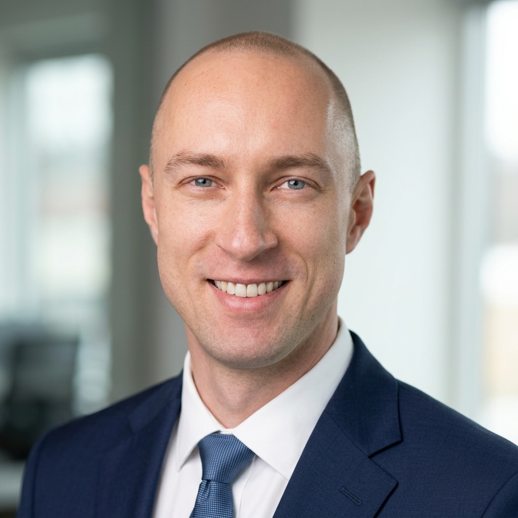 Modern Office · Navy Suit headshot example