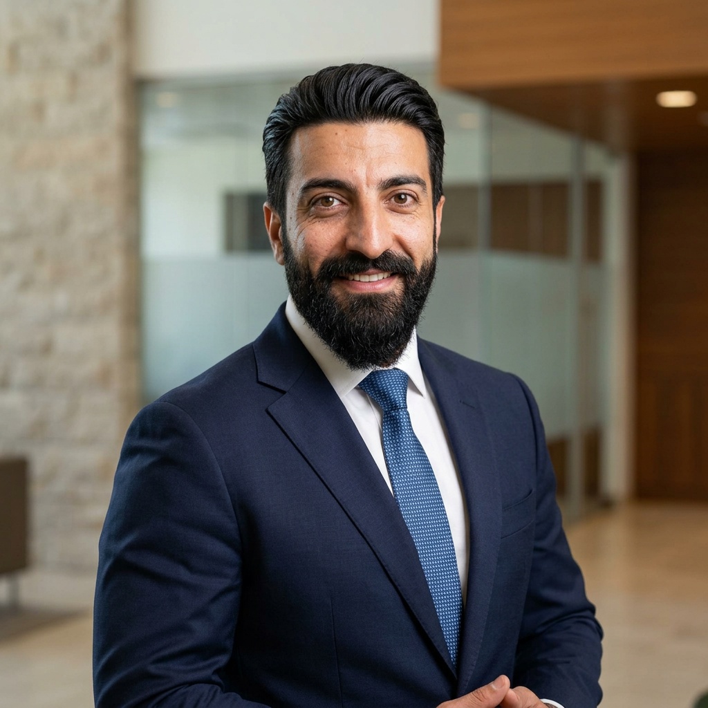 Law Firm Lobby · Soft Gray Suit headshot example
