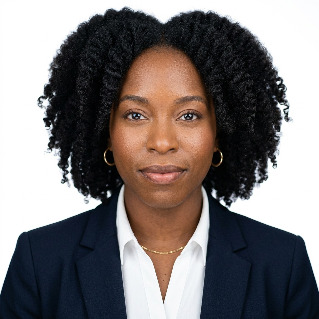 White Studio · Dark Blazer headshot example