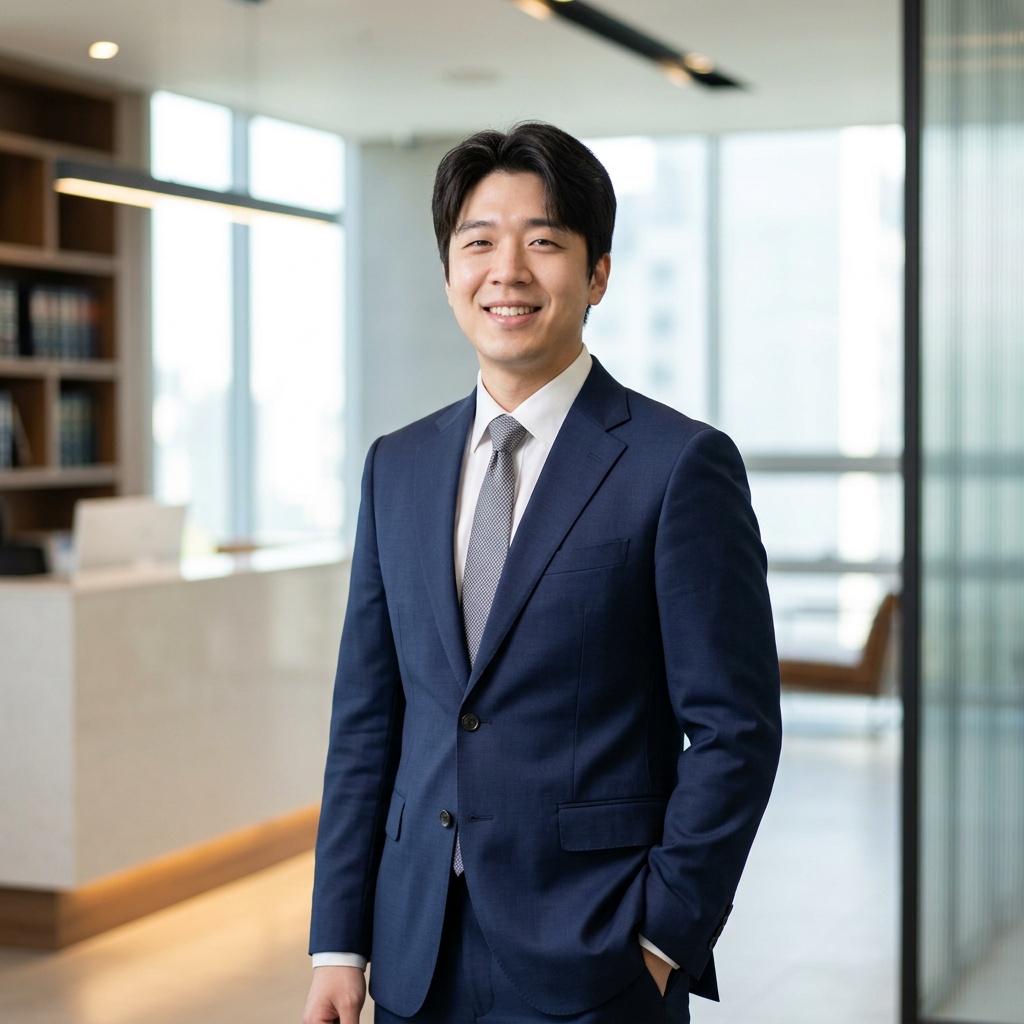 City Skyline · Navy Suit headshot example