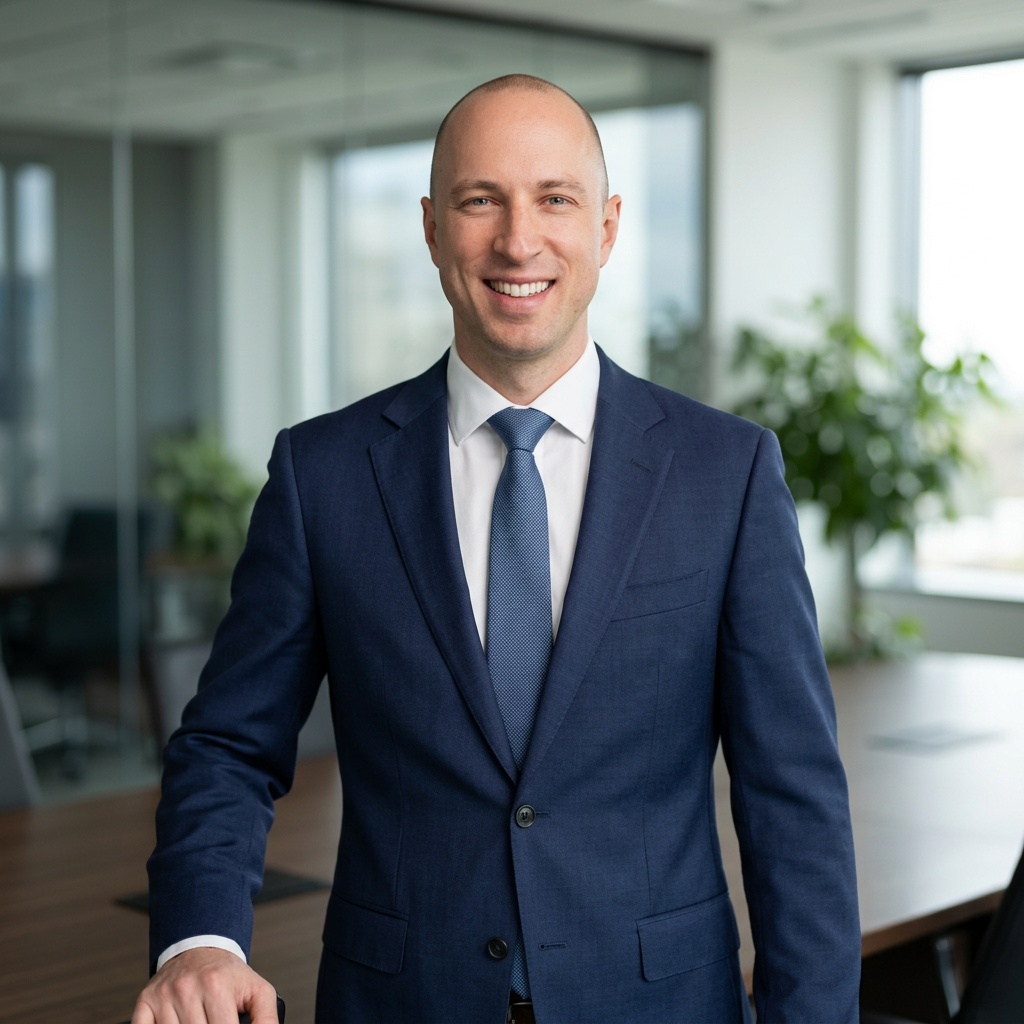 Conference Room · Navy Suit headshot example