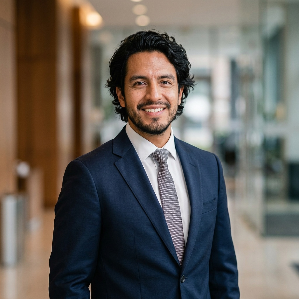 Corporate Lobby · Navy Suit headshot example