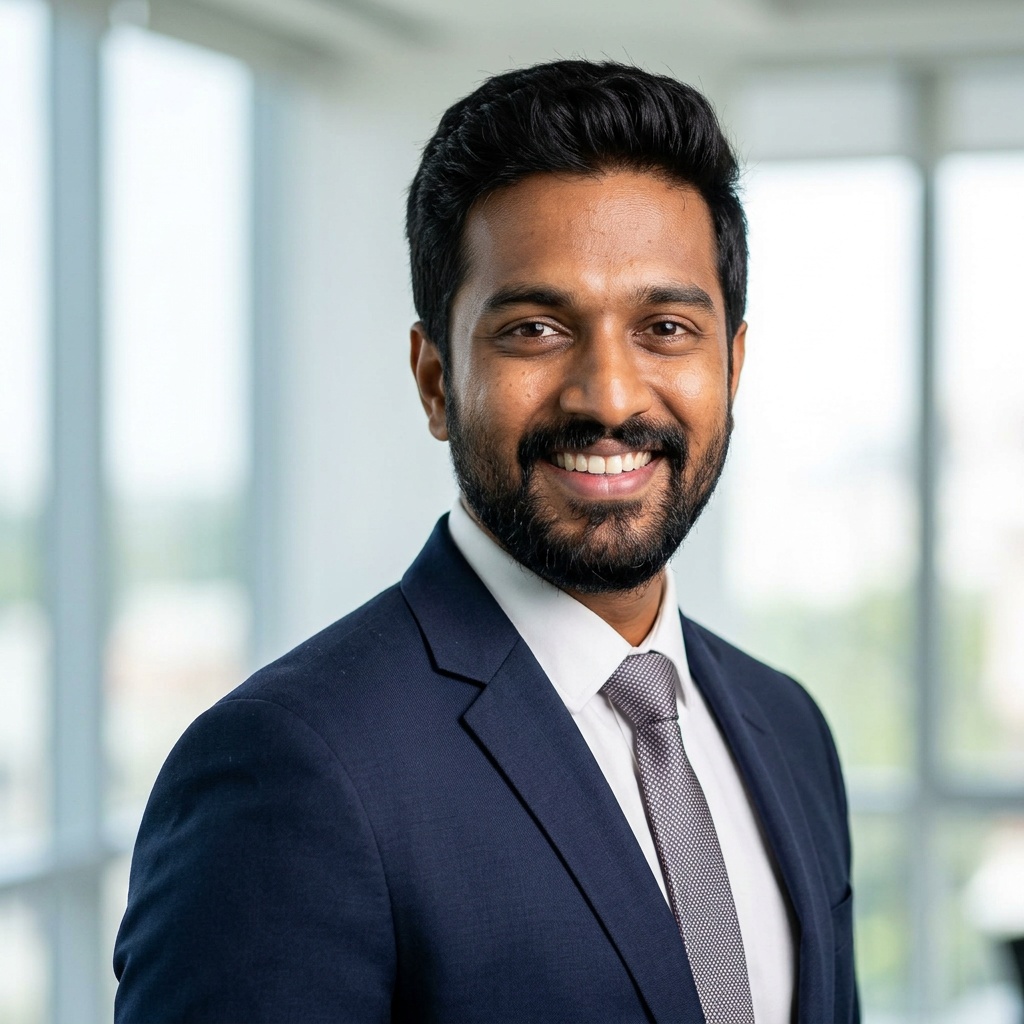 Modern Office · Navy Suit headshot example