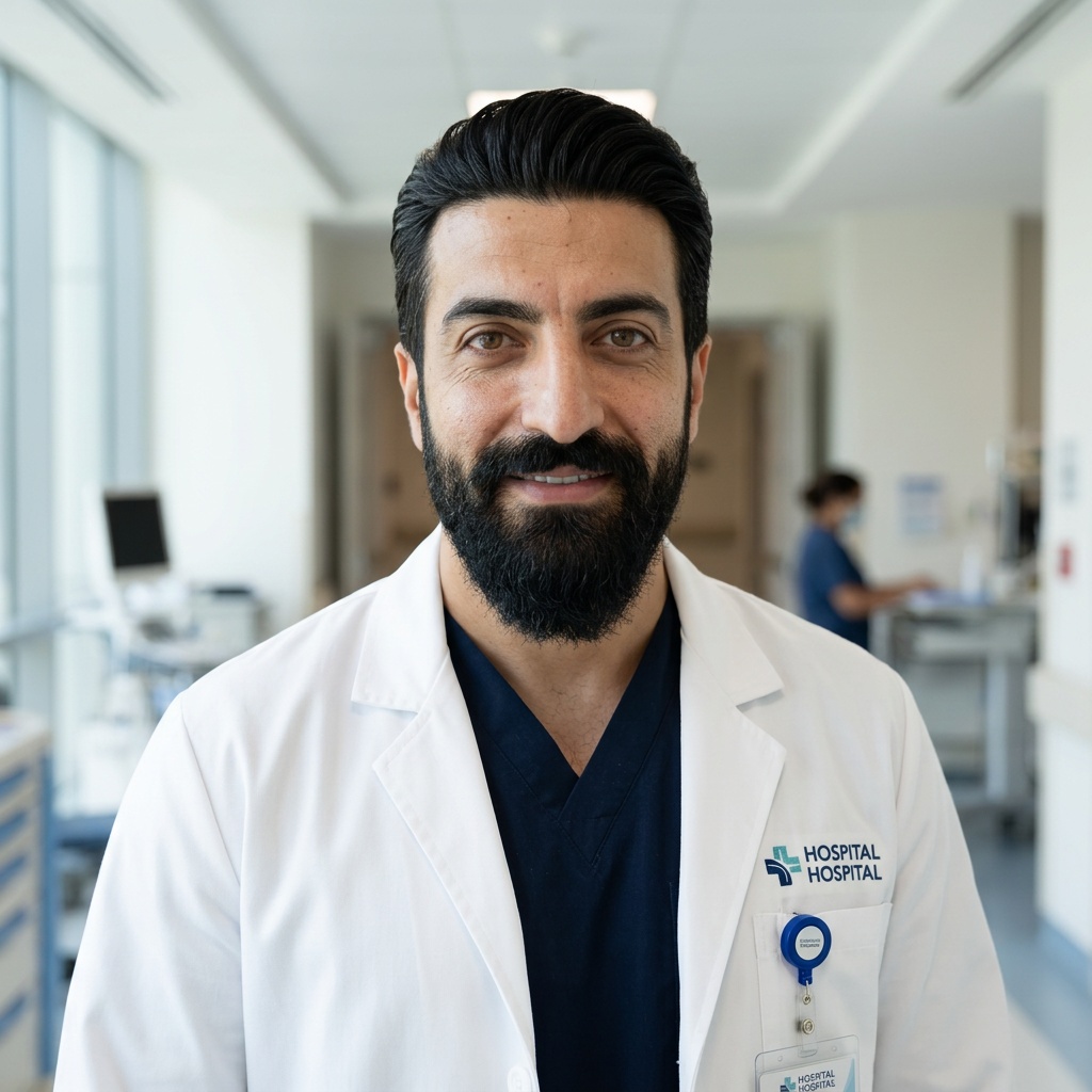 Hospital Corridor · Medicine Scrubs headshot example
