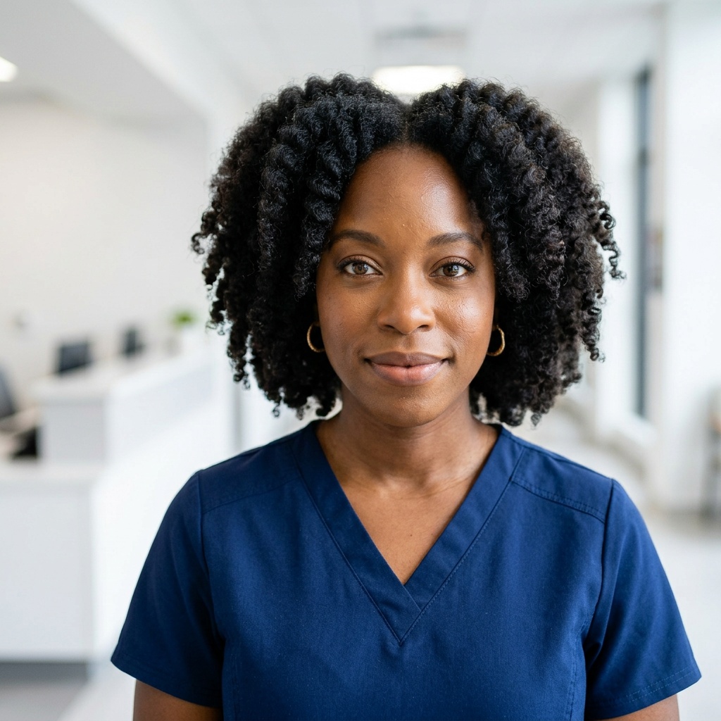 Hospital Corridor · Navy Scrubs headshot example