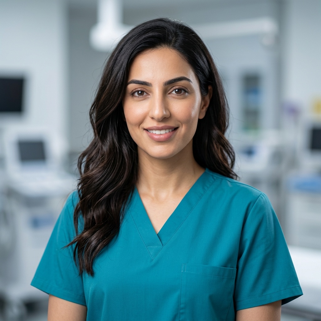 Exam Room · Coat & Scrubs headshot example