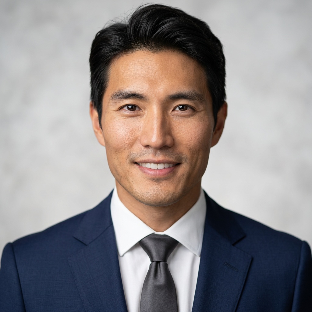 A clean, neutral light-grey... headshot example