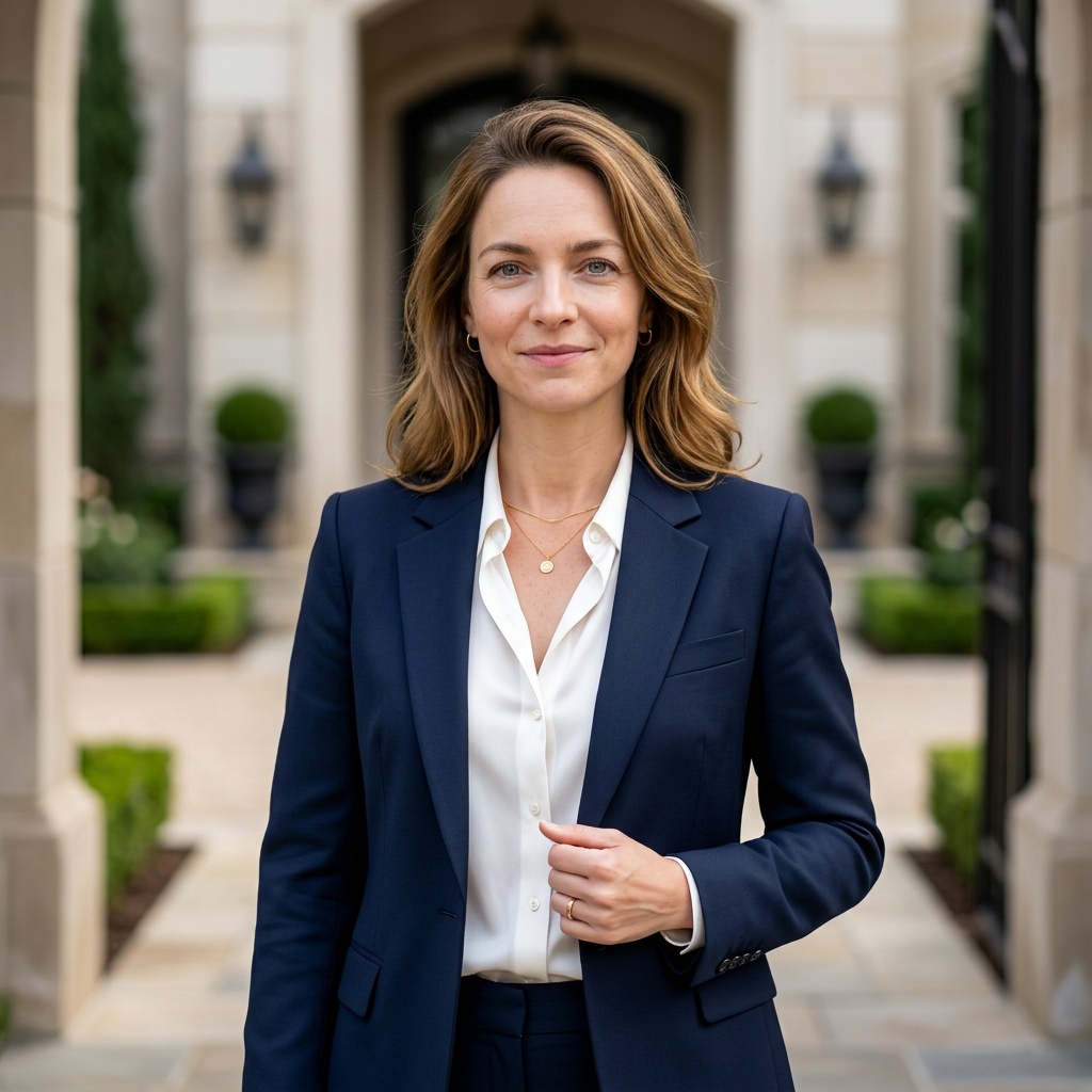 Stone Driveway · Navy Suit headshot example