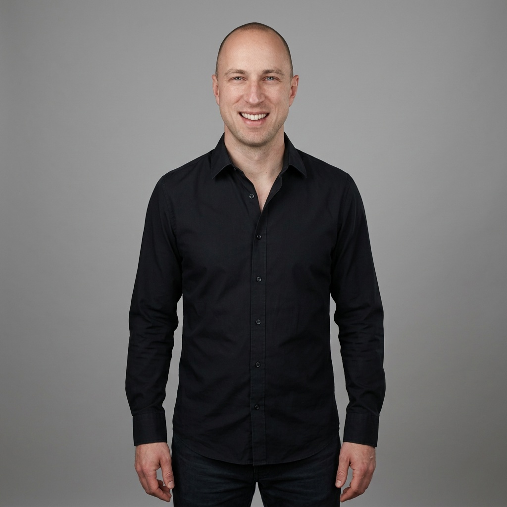 Neutral Grey · Black Button-Up headshot example