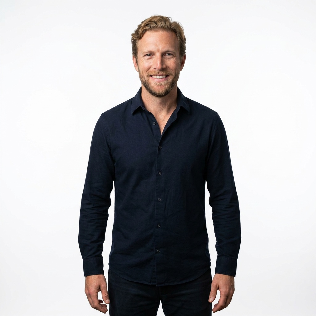 Soft White · Navy Button-Up headshot example