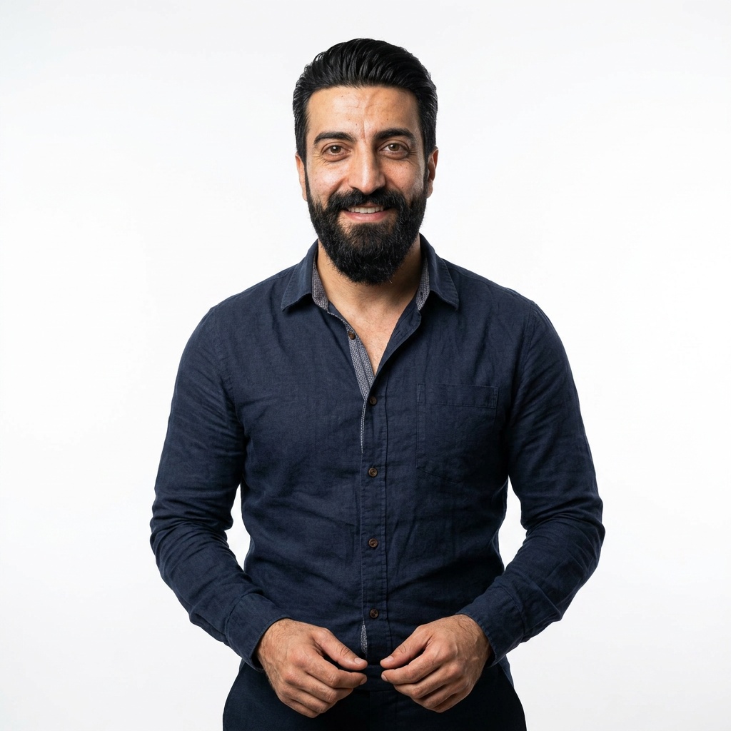 Soft White · Navy Button-Up headshot example