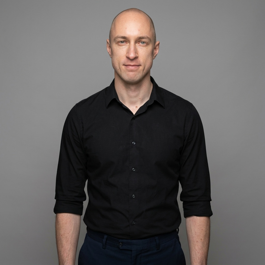 Neutral Grey · Black Button-Up headshot example