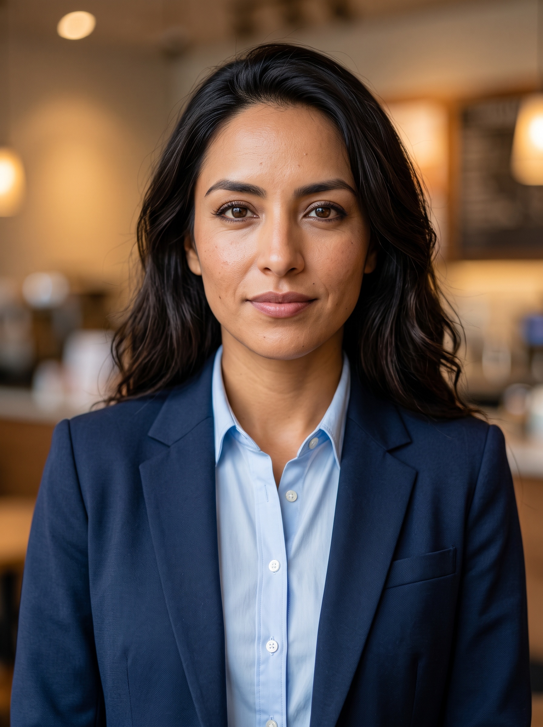 Beispiel für Gemütliches Café · Dunkelblauer Blazer-Headshot