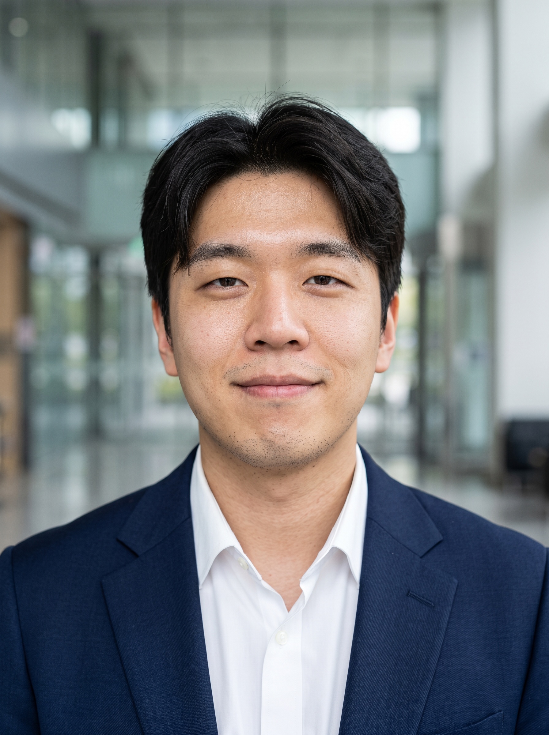 Corporate Lobby · Navy Blazer headshot example