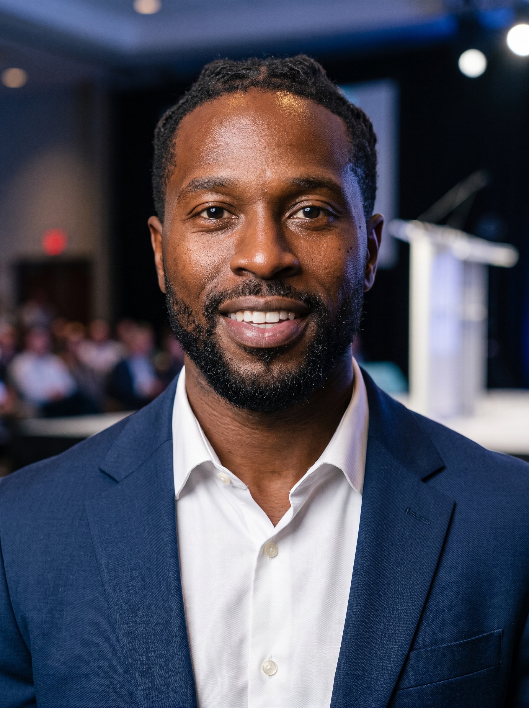 Speaking Stage · Navy Blazer headshot example