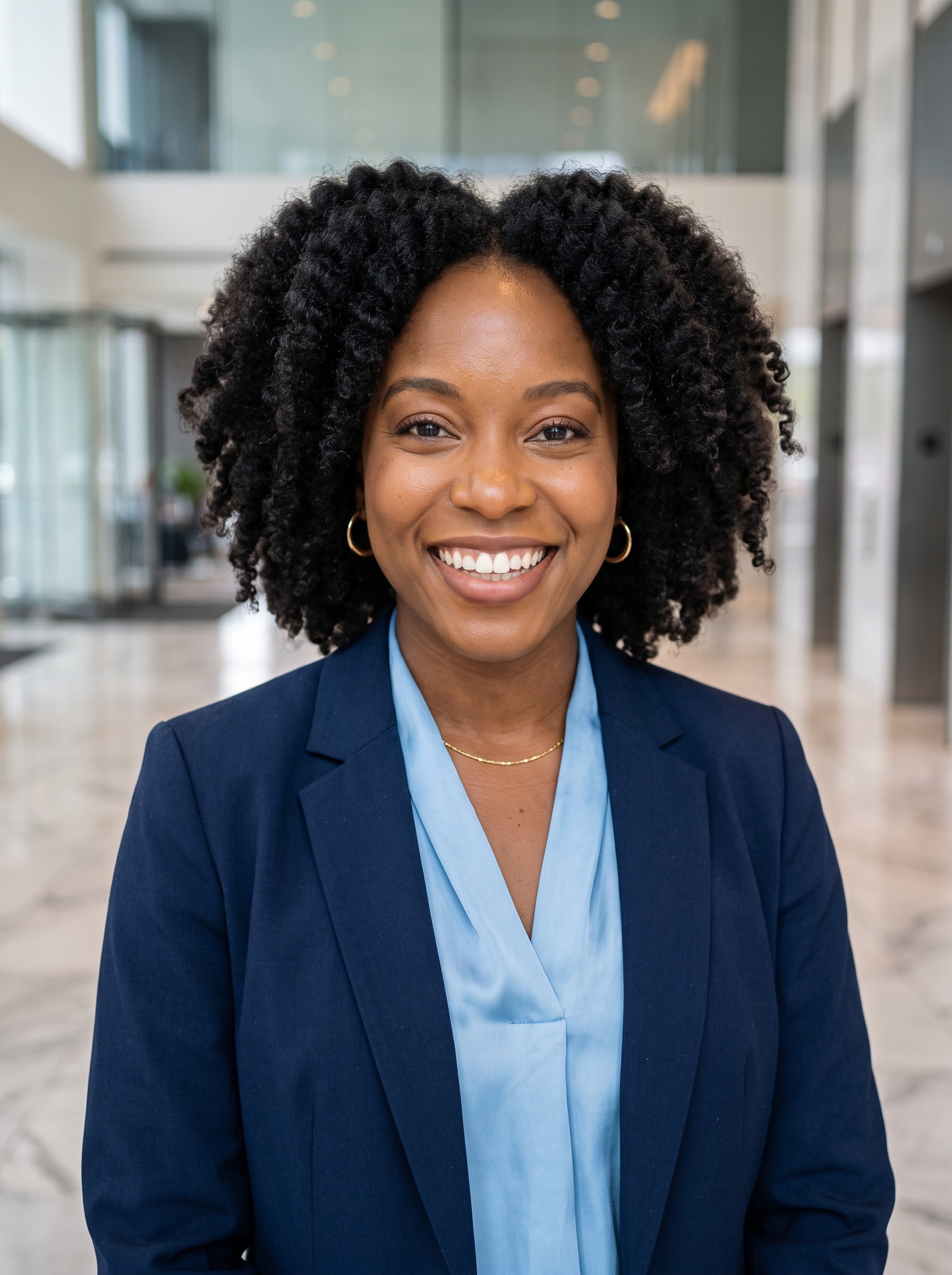 Corporate Lobby · Navy Blazer headshot example