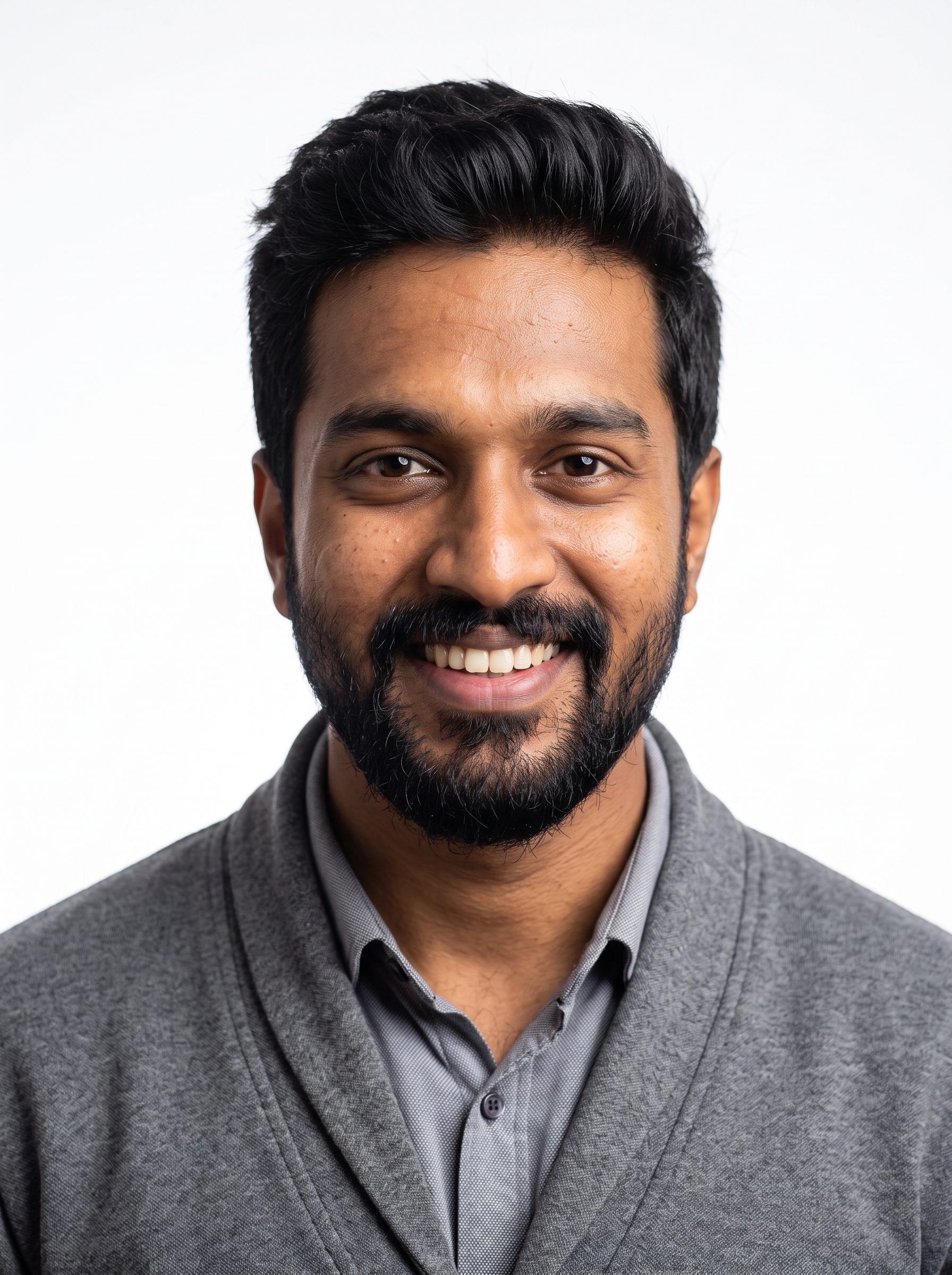 White Studio · Gray Cardigan headshot example