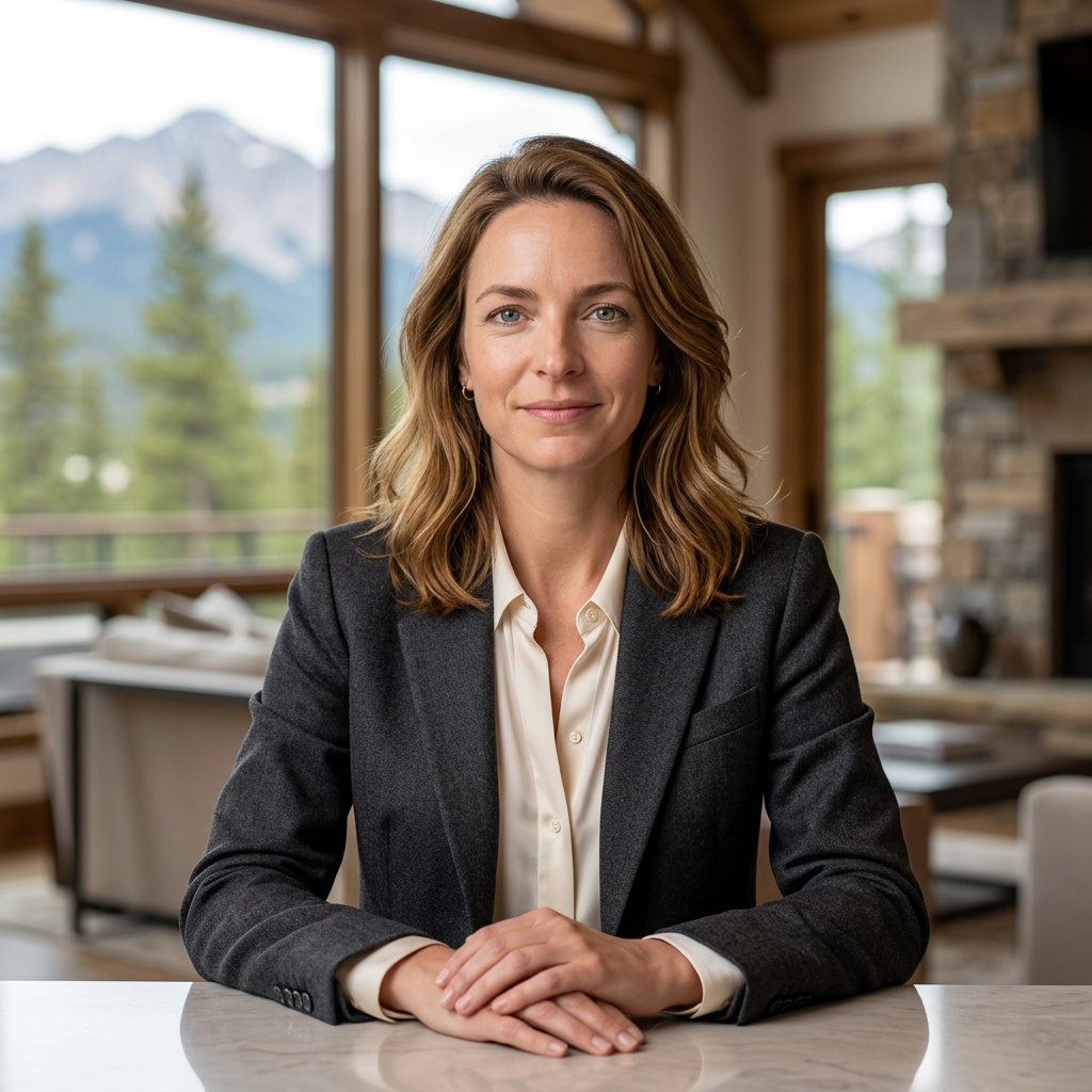 Private Office with Mountain Window · Charcoal Suit with Winter Neutral Layer headshot example