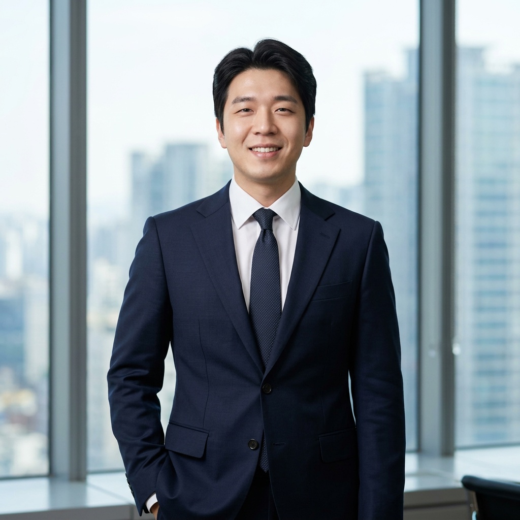 City Window Skyline · Navy Blazer Open Collar headshot example