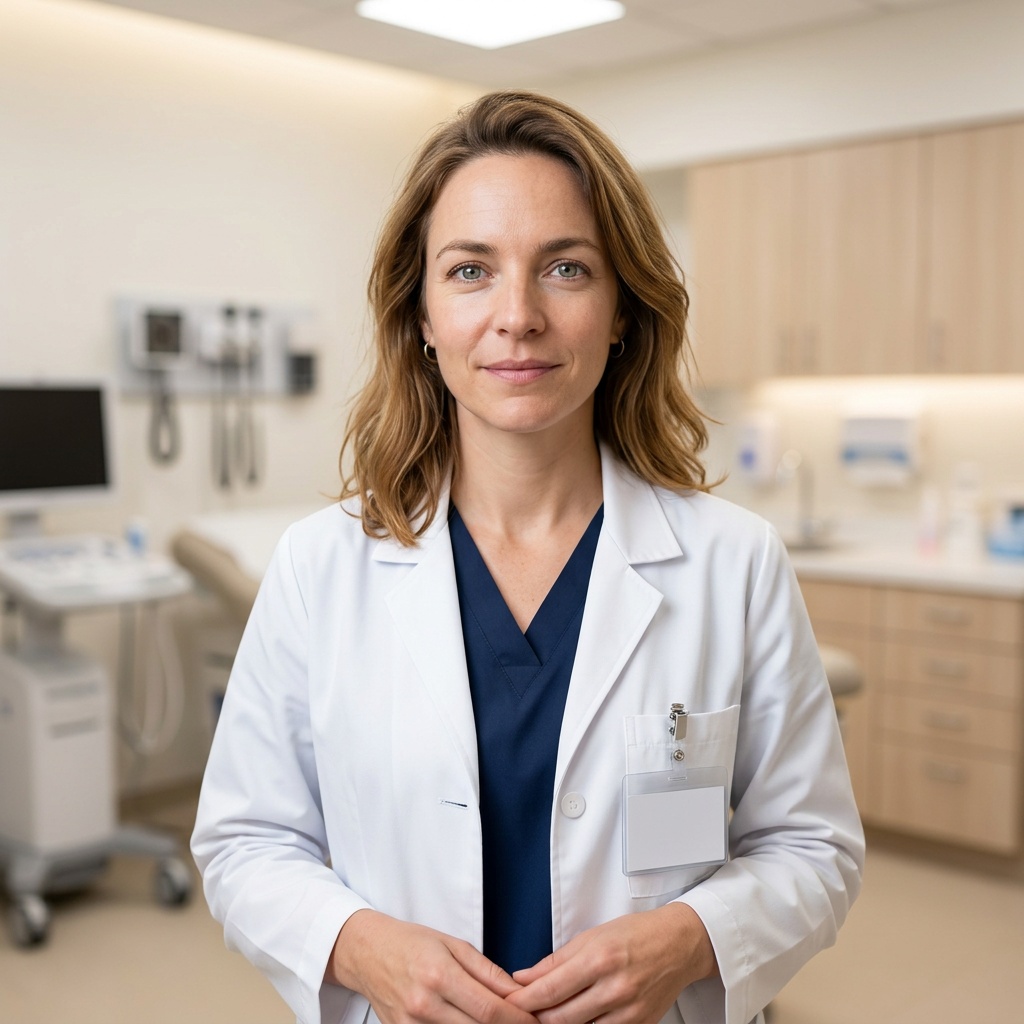 Modern Exam Room · White Coat over Scrubs headshot example