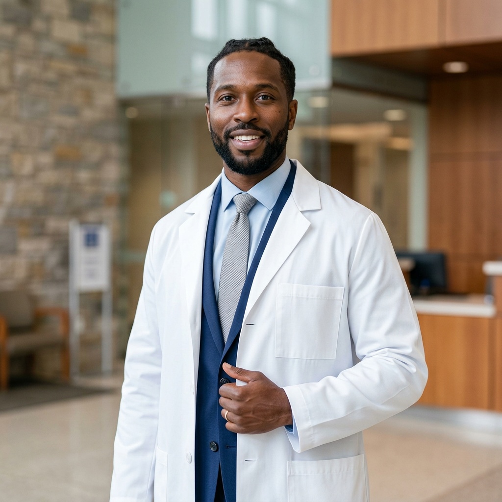 Premium Hospital Lobby · Medical Executive Suit with White Coat headshot example
