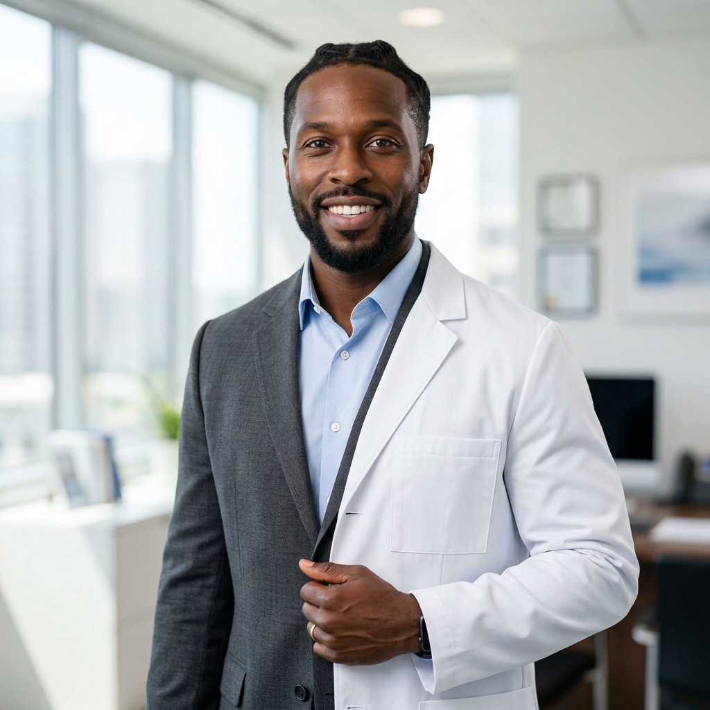 Medical Executive Office Window · Medical Executive Suit with White Coat headshot example