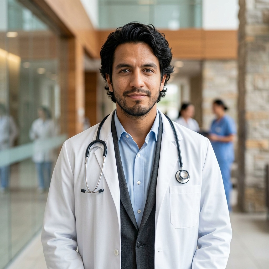 Premium Hospital Lobby · Medical Executive Suit with White Coat headshot example