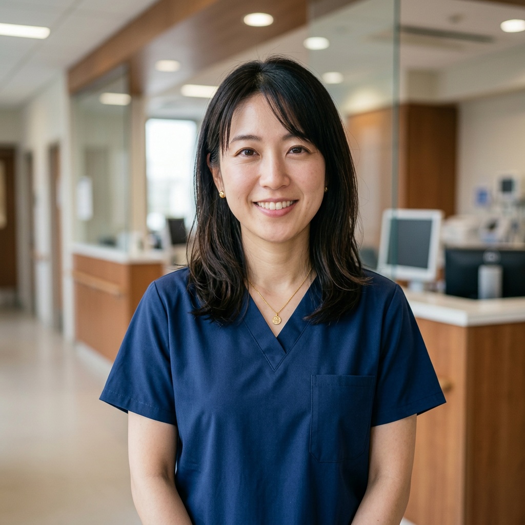 Blurred Nurse Station · Blue Nursing Scrubs headshot example