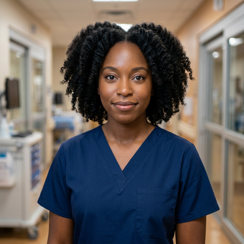 Clean ICU Corridor · Navy Nursing Scrubs headshot example