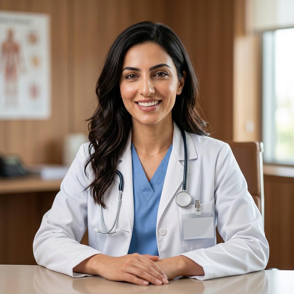 Warm Consultation Room · White Coat over Scrubs headshot example