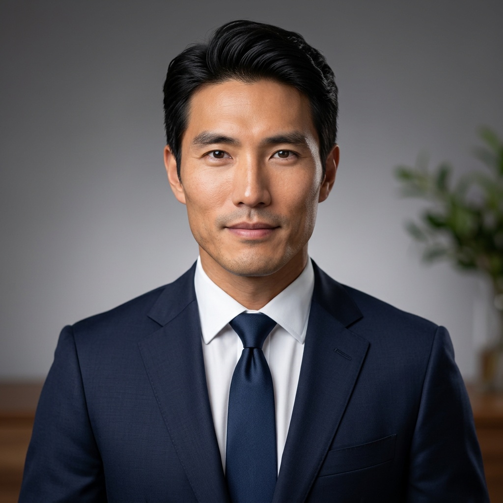 Light Grey Gradient Studio · Navy Suit with White Shirt headshot example