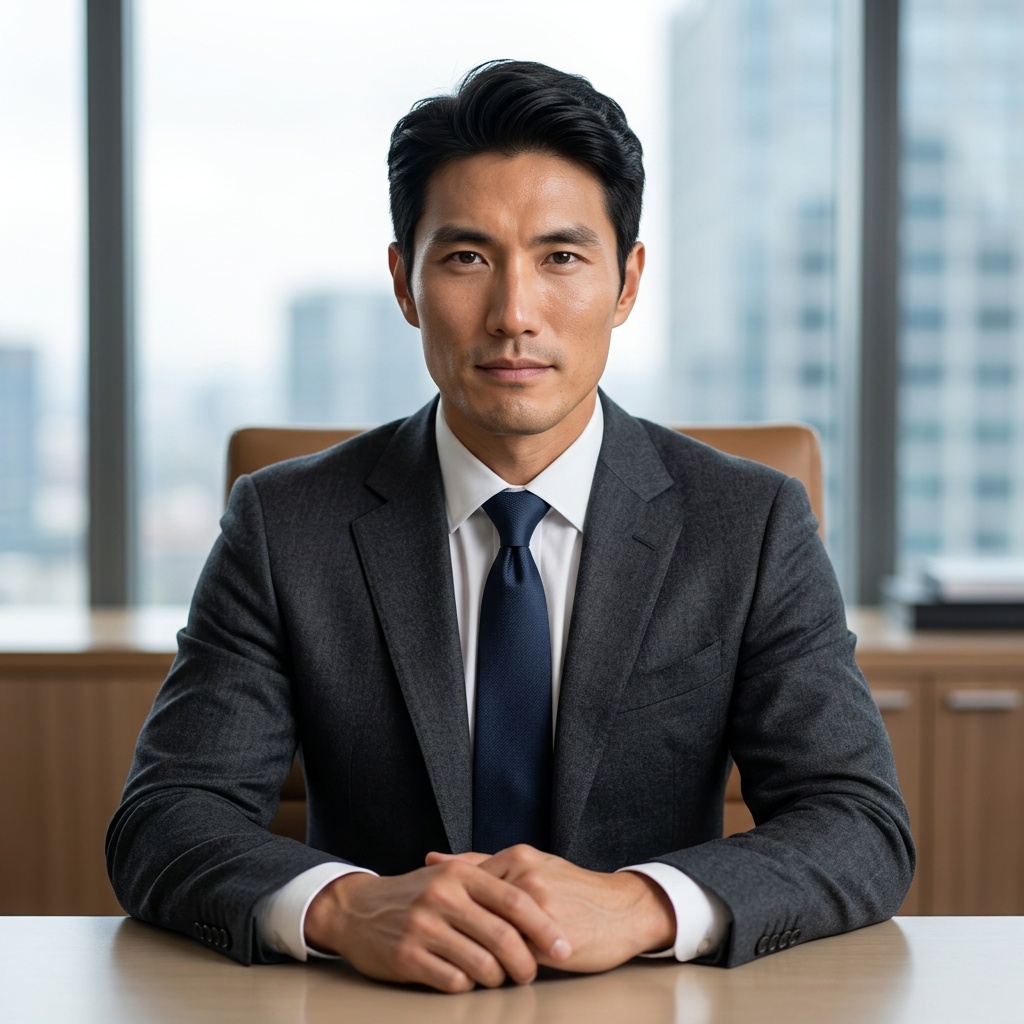 Private Agent Office Window · Charcoal Suit with Light Shirt headshot example