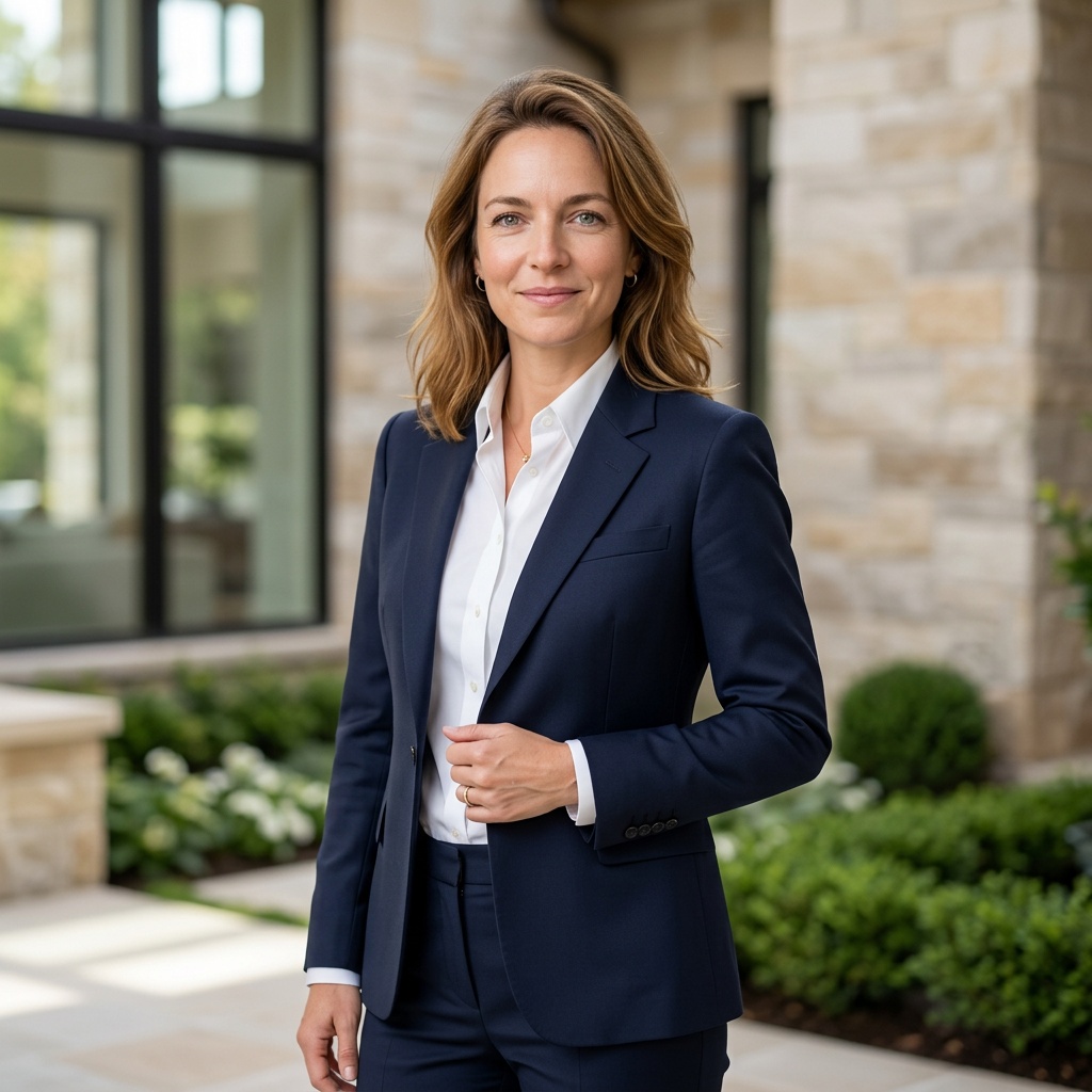 Stone Driveway Entry · Navy Suit with White Shirt headshot example