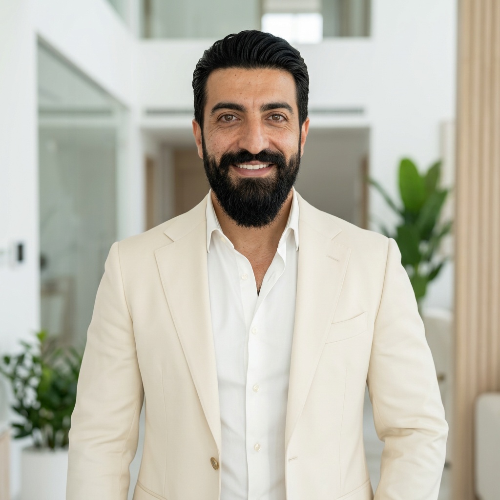 Minimalist Contemporary Home · Cream Blazer headshot example